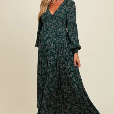 PinkBlush Green Floral Ruffle Off-Shoulder Maternity Maxi Dress