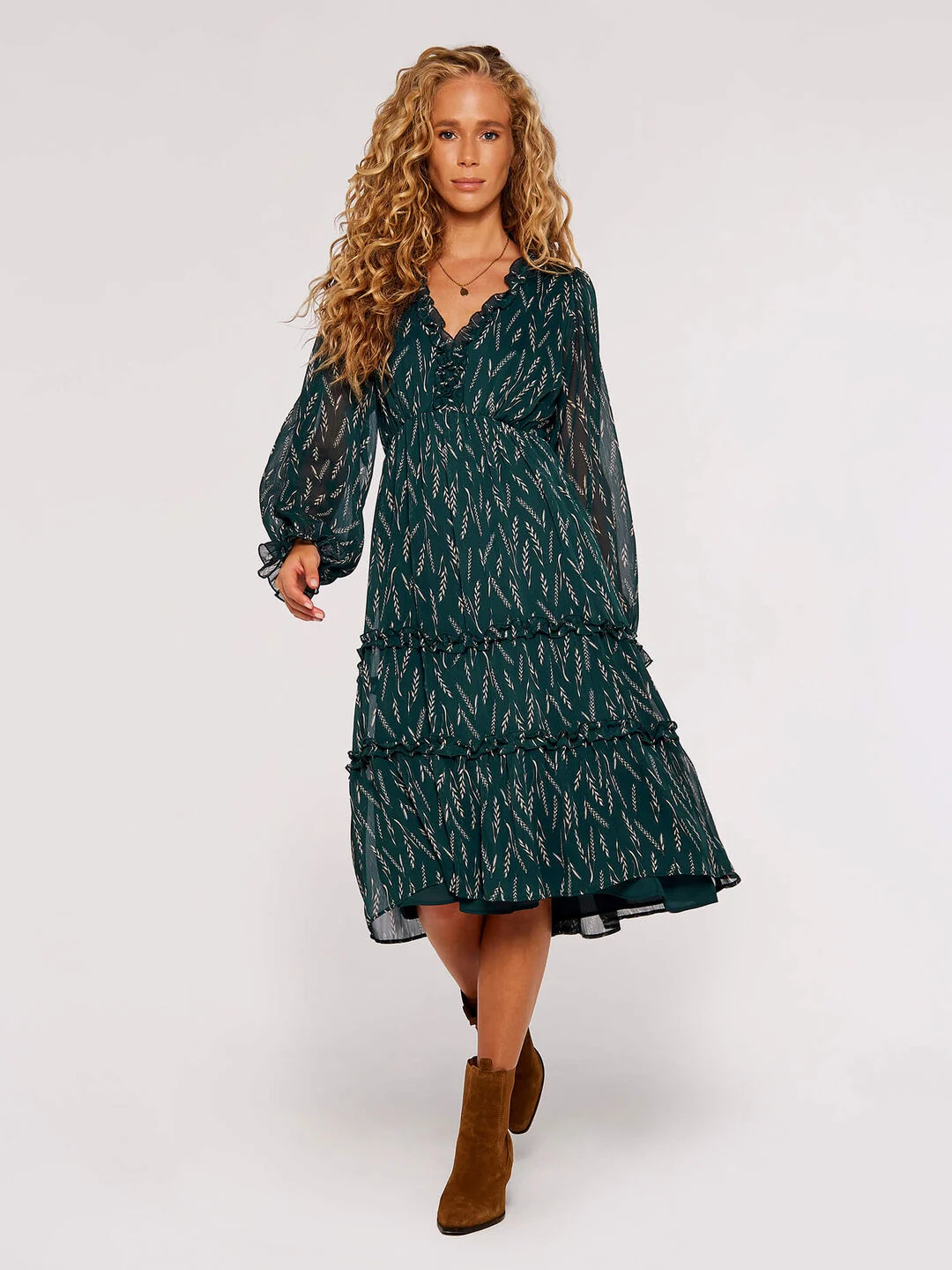 Emerald Green Ruffle Print Mini Dress - Image 2