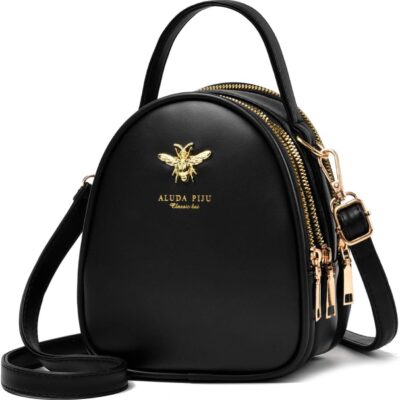 Aluda Piju Classic/Mini Crossbody Bag (Black with Gold Bee Accent)