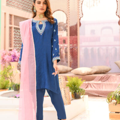 Royal Blue Straight-Cut Salwar Kameez with Pink Dupatta