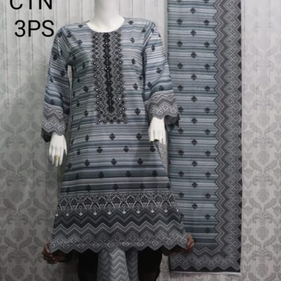 MA-3601 Cotton 3-Piece Embroidered Suit – Grey & Black