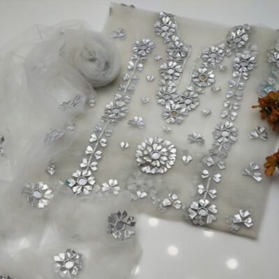 Luxury Mirror Work Organza Unstitched Suit – White