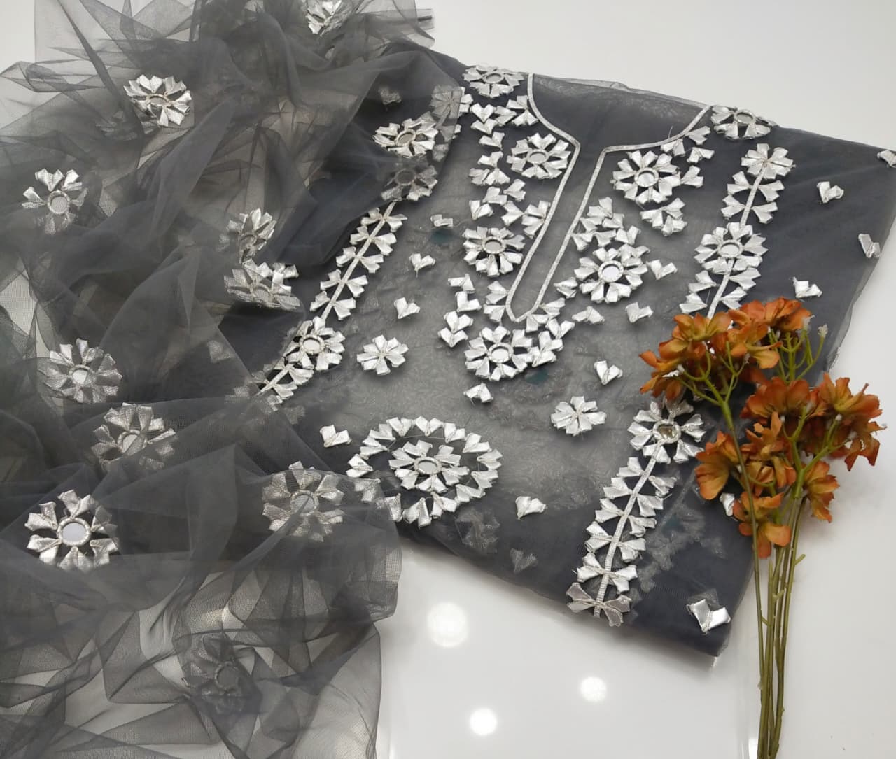 Luxury Mirror Work Organza Unstitched Suit – Charcoal Grey