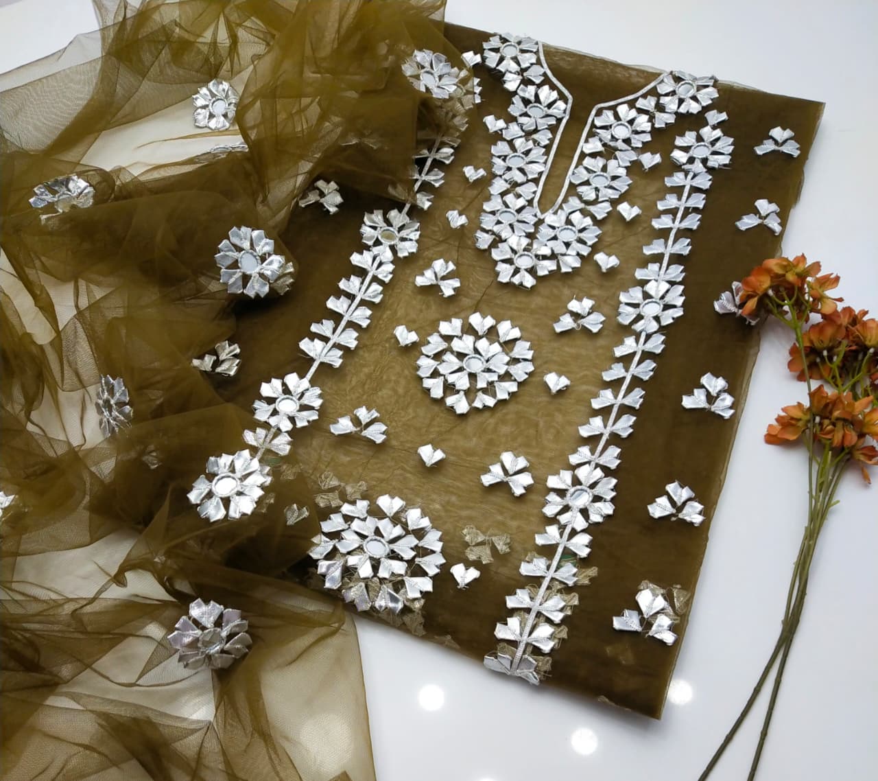 Luxury Mirror Work Organza Unstitched Suit – Olive Green