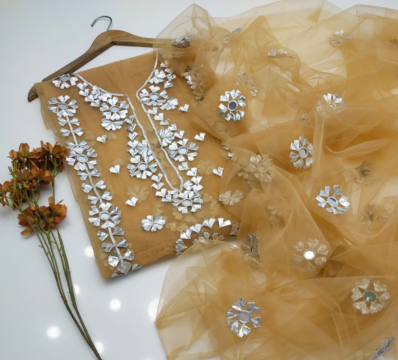 Luxury Mirror Work Organza Unstitched Suit – Beige Gold