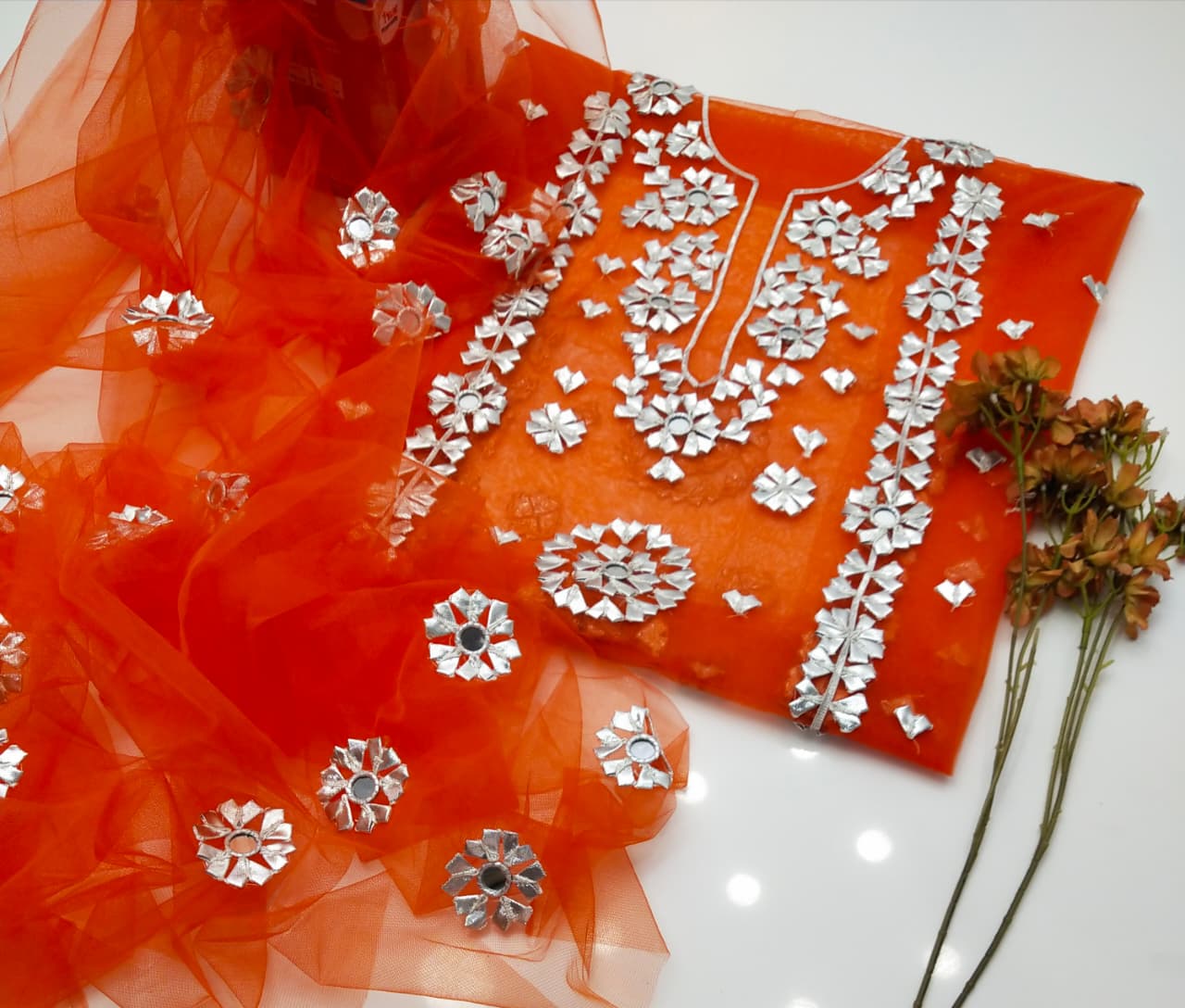 Luxury Mirror Work Organza Unstitched Suit – Burnt Orange