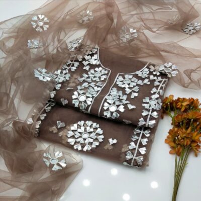 Luxury Mirror Work Organza Unstitched Suit – Taupe Brown