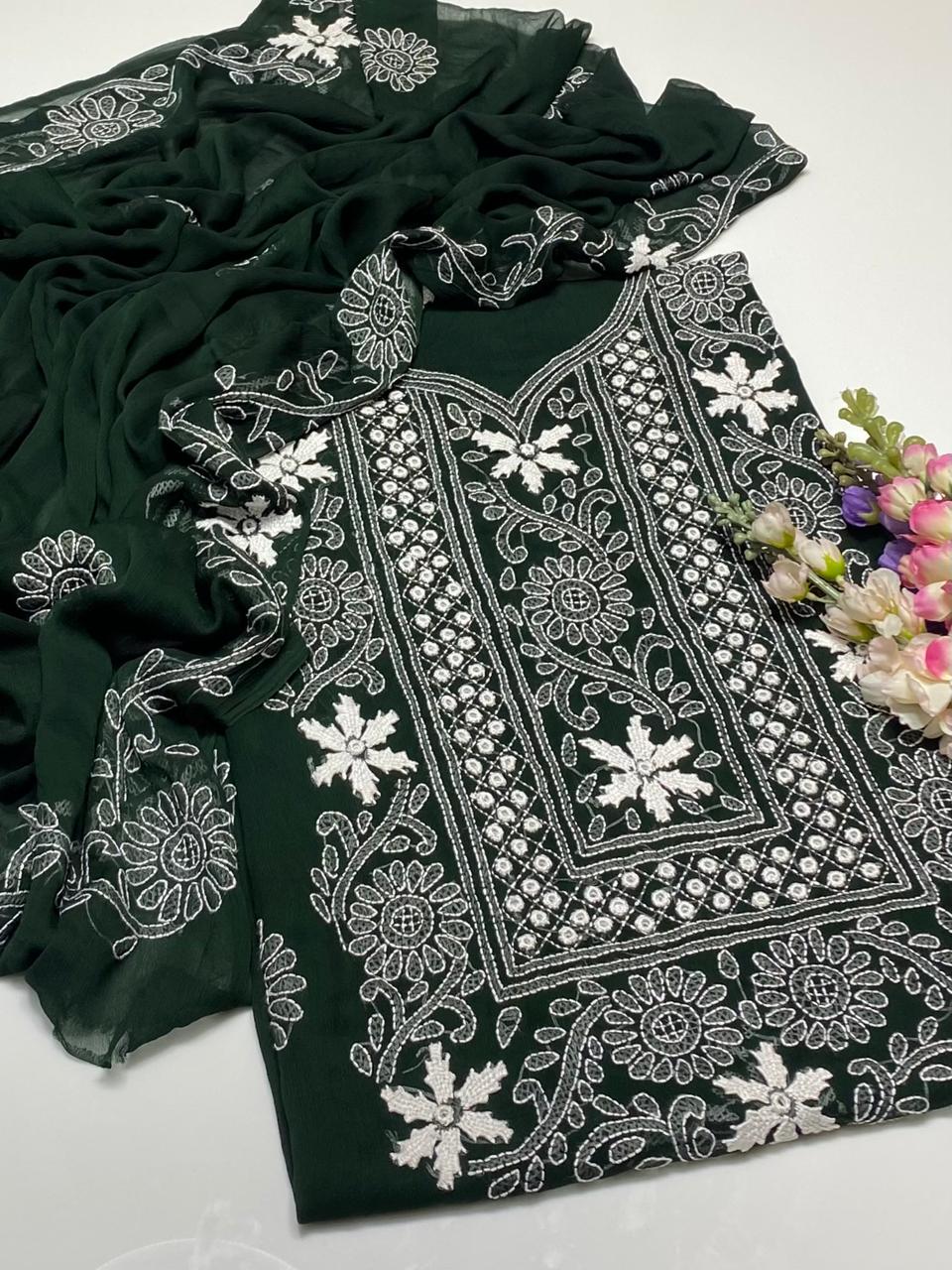 Luxury Mirror Work Organza Unstitched Suit – Dark Green