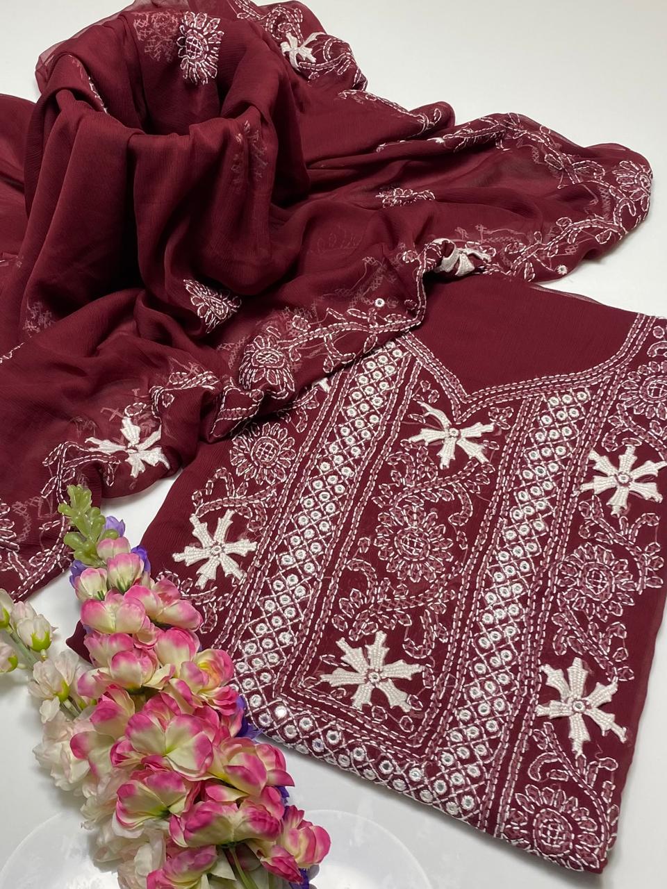 Luxury Mirror Work Organza Unstitched Suit – Maroon