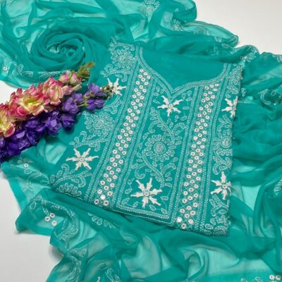 Luxury Mirror Work Organza Unstitched Suit – Teal Green