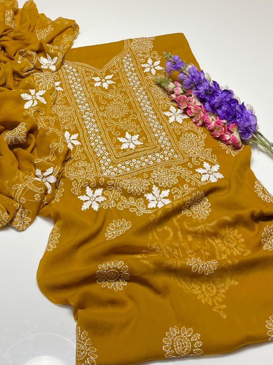 Luxury Mirror Work Organza Unstitched Suit – Mustard Yellow