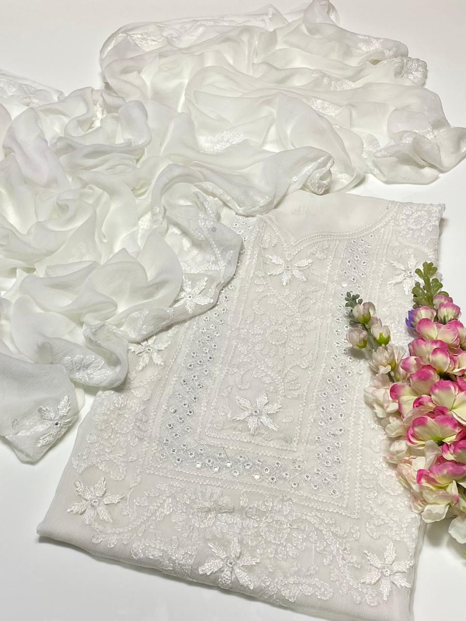 Luxury Chikankari Organza Unstitched Suit – White