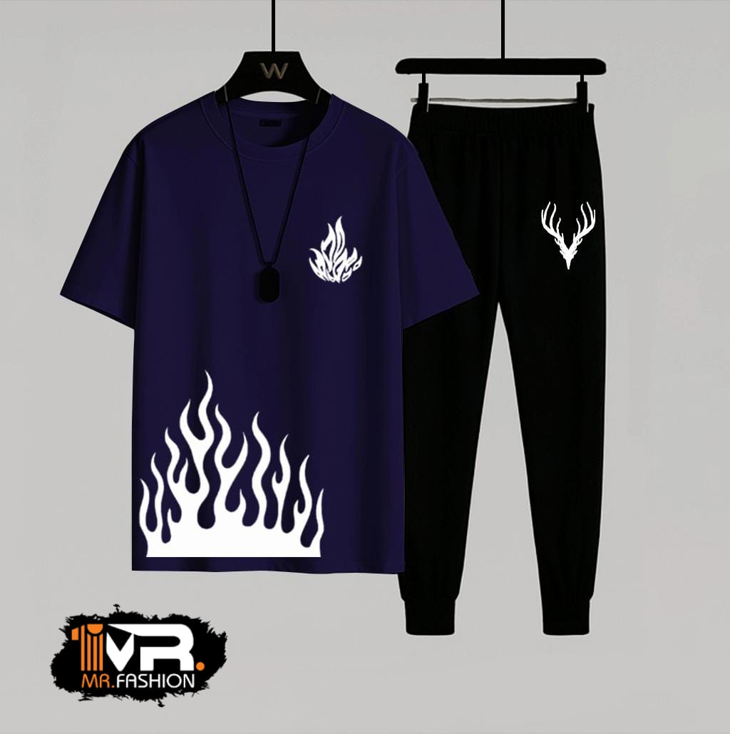 Summer Trendy Fired Printed T-Shirt & Trouser Tracksuit