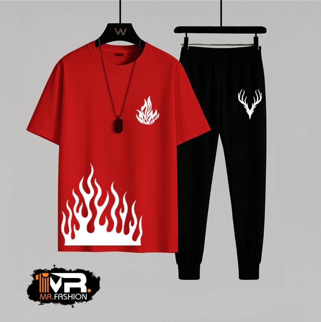 Summer Trendy Fired Printed T-Shirt & Trouser Tracksuit