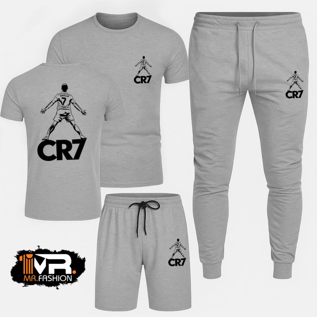 Haider Grey Printed 3-in-1 Tracksuit (T-Shirt + Trouser + Short) - Image 2