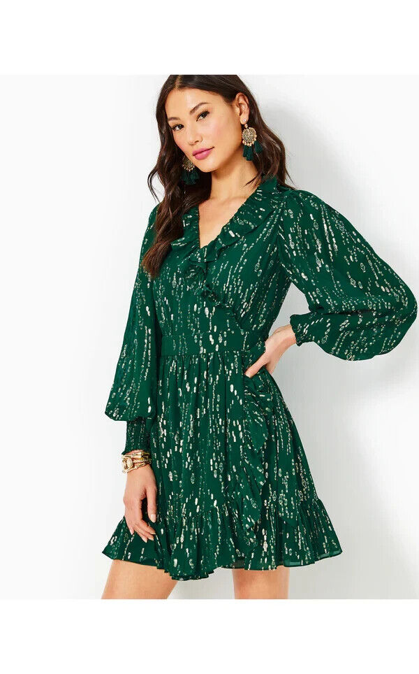 Emerald Green Ruffle Print Mini Dress